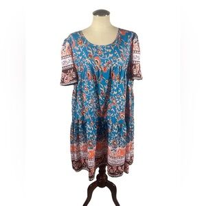 Women's Floral Blue and Pink Muumu dress with Midi Length Size 2XL